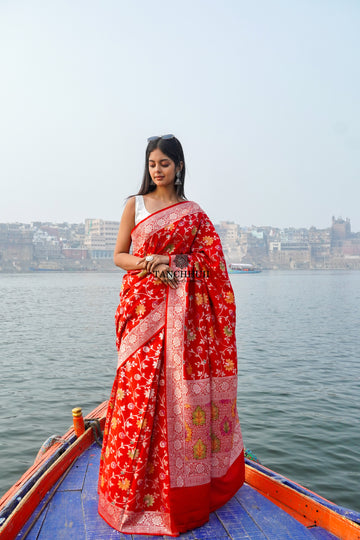 HANDWOVEN MOONGA SILK HANDPAINTED BANARASI SAREE