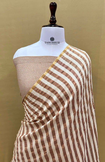 PURE BANARASI MOONGA SILK SAREE - All over antique zari stripe jaal