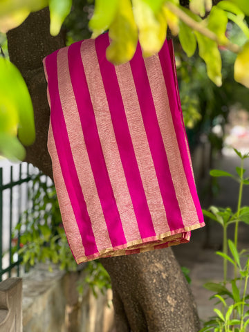 PURE BANARASI MOONGA SILK SAREE - Pure Banarasi Almond zari stripe saree Rani pink