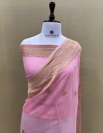 PURE BANARASI HANDLOOM KADHWA CHIFFON SILVER GOLD SAREE