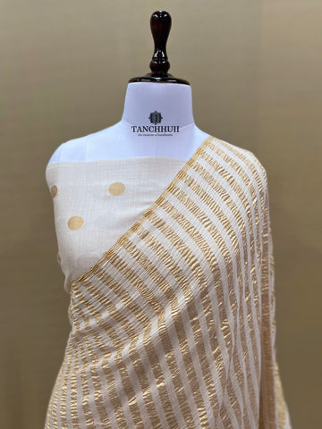 PURE BANARASI MOONGA SILK SAREE - pure Banarasi Moonga silk Almond zari strip jaal saree