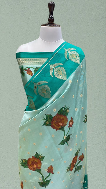 HAND PAINTED PURE MANGO SILK HANDLOOM BANARASI SAREE