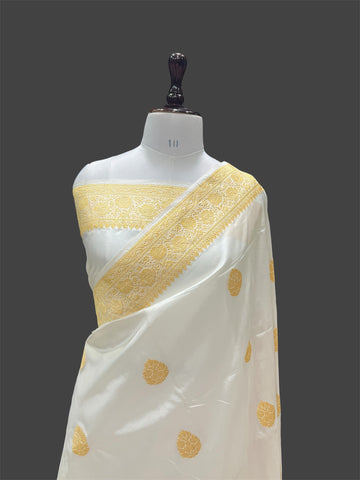 'MALTI' OFF WHITE PURE KATAN SILK BANARASI HANDWOVEN SAREE