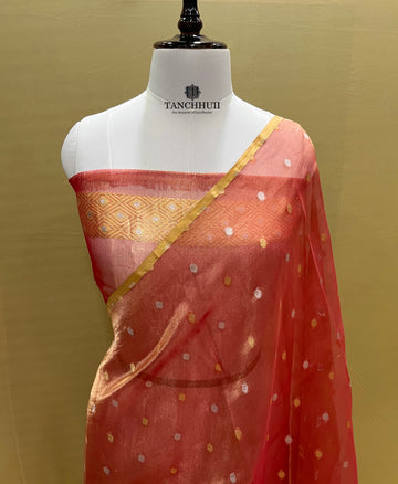 'RED' PURE ORGANZA TISSUE SILK SONA ROOPA BANARASI SAREE