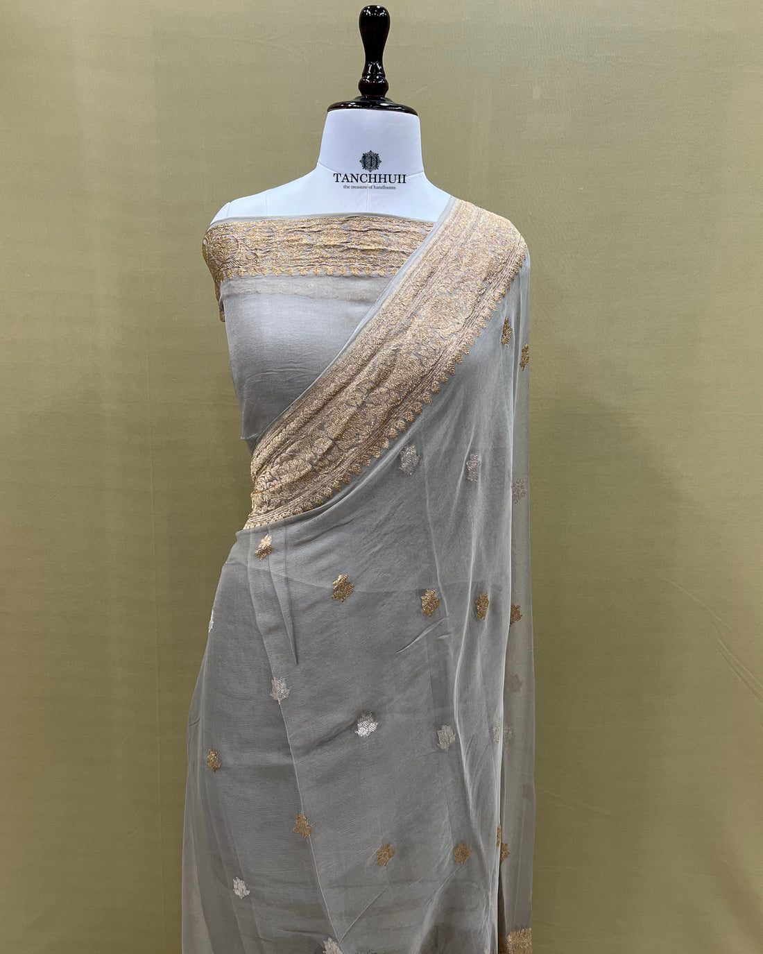 PURE BANARASI HANDLOOM KADHWA CHIFFON SILVER GOLD SAREE