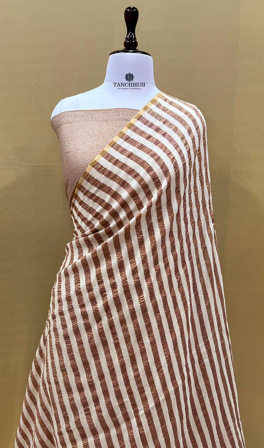 PURE BANARASI MOONGA SILK SAREE - All over antique zari stripe jaal