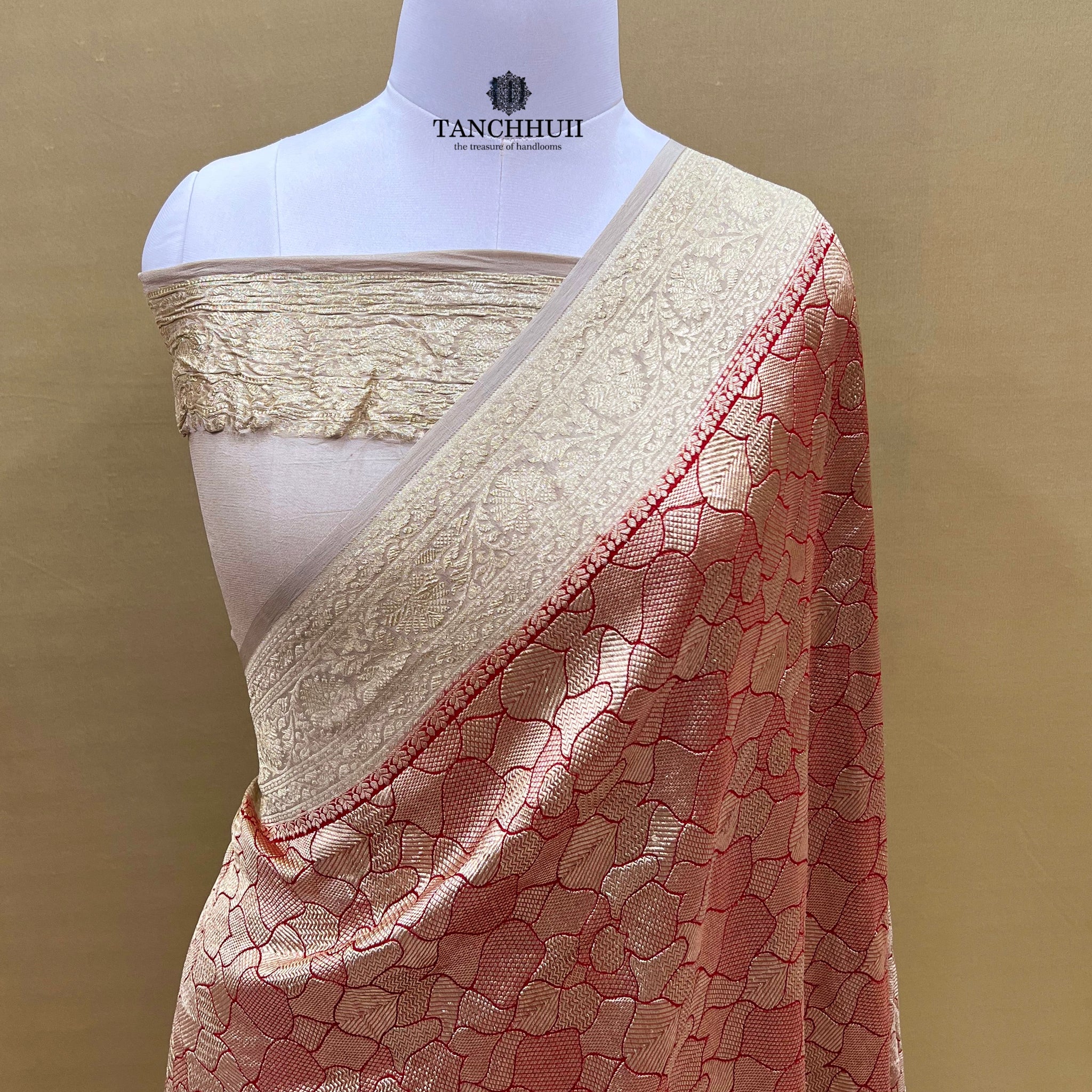 'ENVY RED' PURE BANARASI KHADDI CHIFFON TANCHHUII SAREE