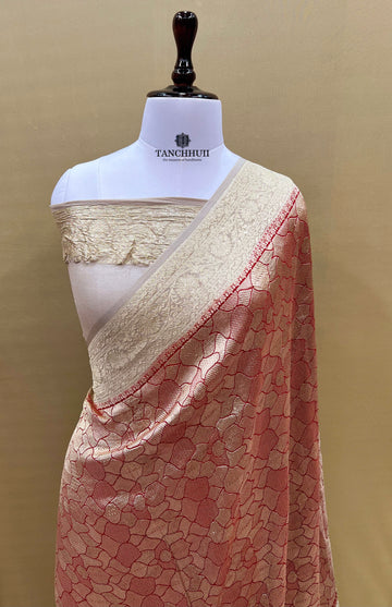 'ENVY RED' PURE BANARASI KHADDI CHIFFON TANCHHUII SAREE