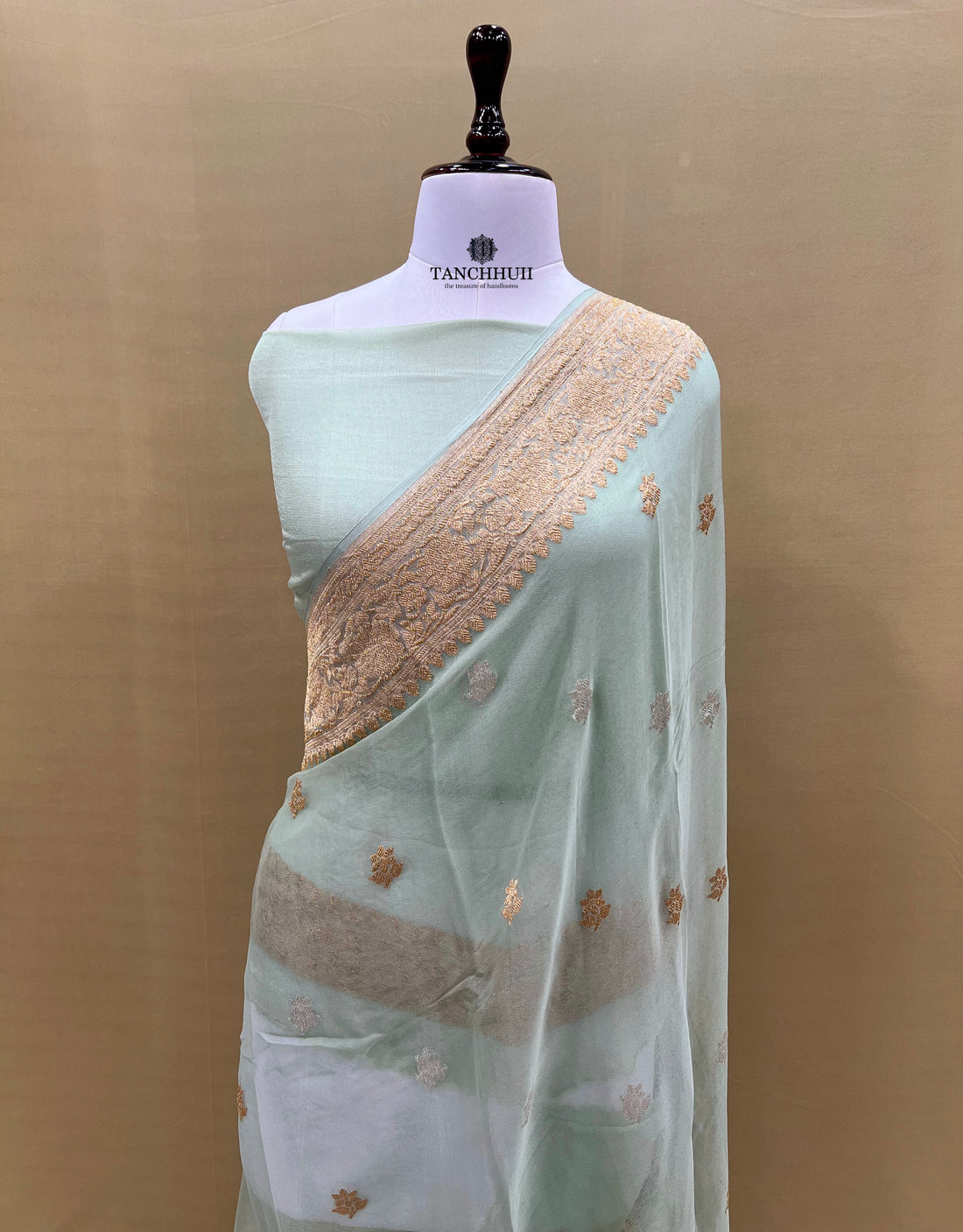 PURE BANARASI HANDLOOM KADHWA CHIFFON SILVER GOLD SAREE