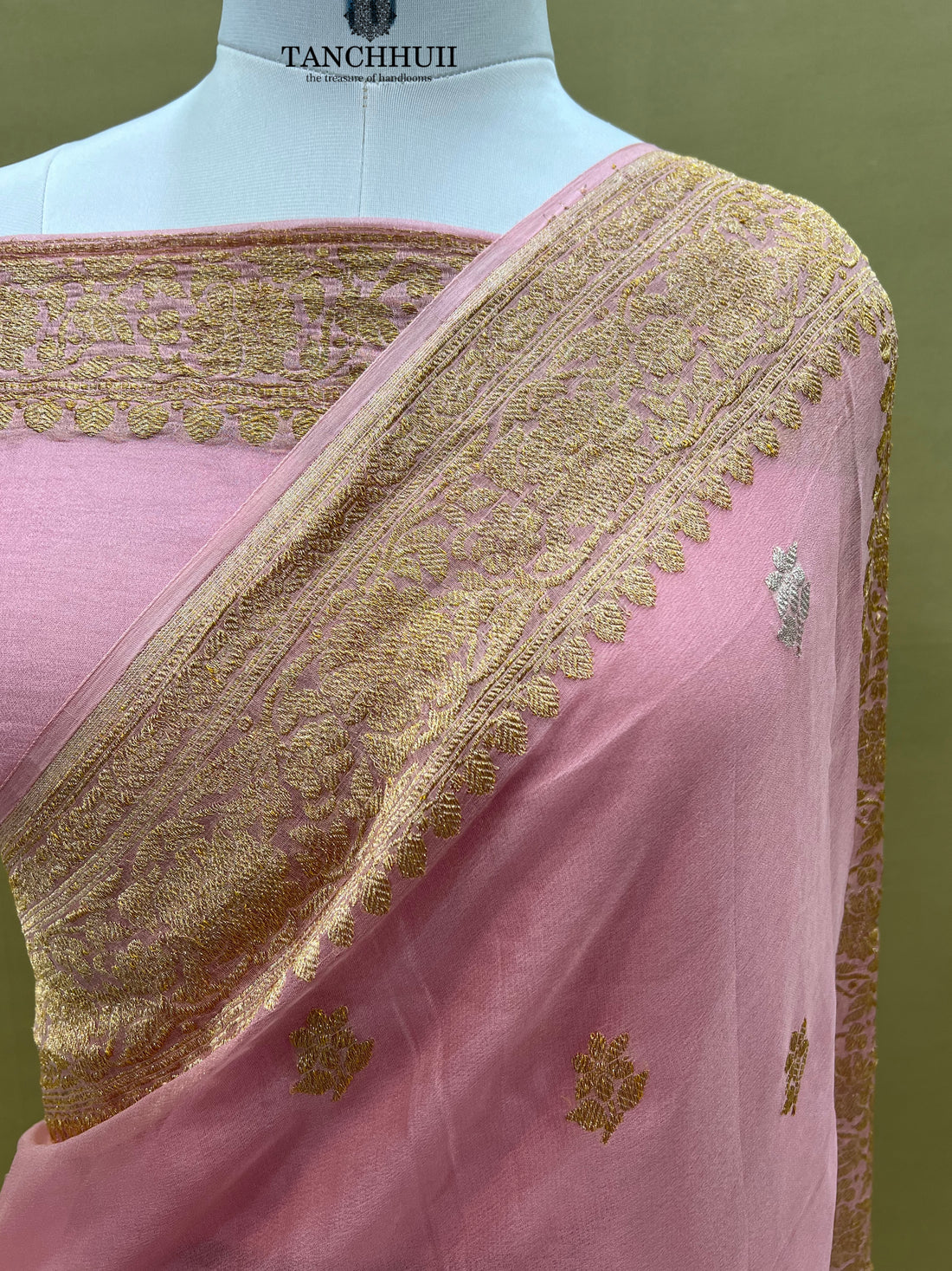 PURE BANARASI HANDLOOM KADHWA CHIFFON SILVER GOLD SAREE