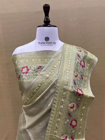 PURE BANARASI DESI TUSSAR SILK CHIKANKARI SAREE