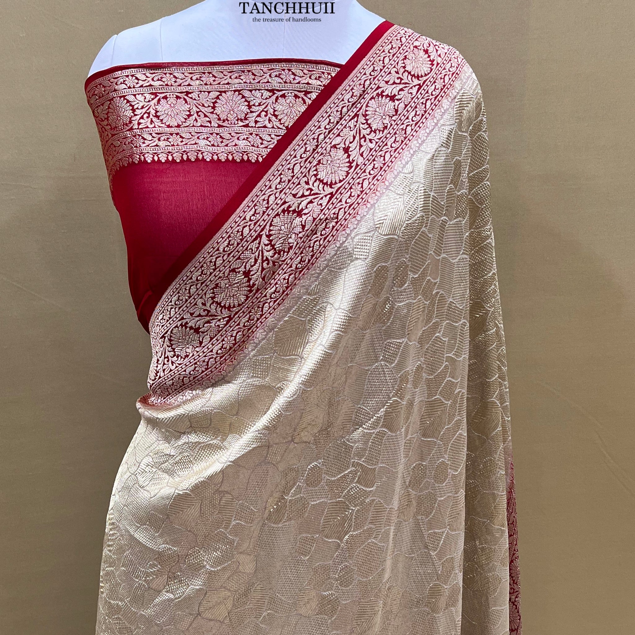 'ALMOND CREAM' PURE KHADDI CHIFFON TANCHHUII BANARASI SAREE