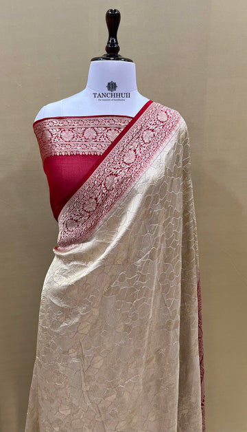 'ALMOND CREAM' PURE KHADDI CHIFFON TANCHHUII BANARASI SAREE