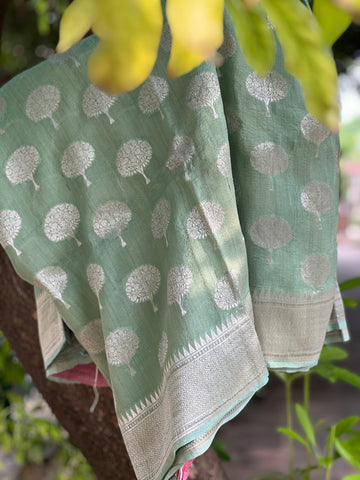 PURE BANARASI TUSSAR SILK SAREE - silver zari butta jaal