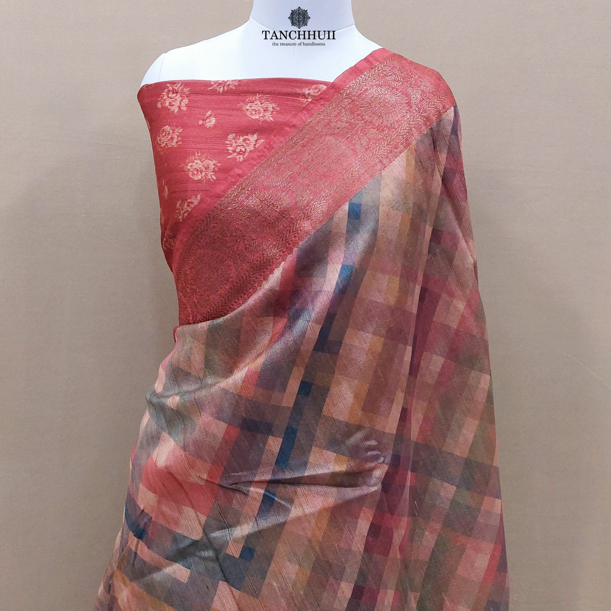 PURE BANARASI MATKA TUSSAR SILK SAREE- Geometric texture print