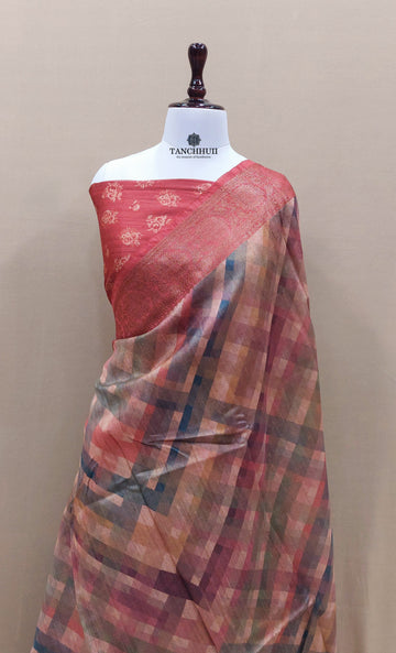 PURE BANARASI MATKA TUSSAR SILK SAREE- Geometric texture print