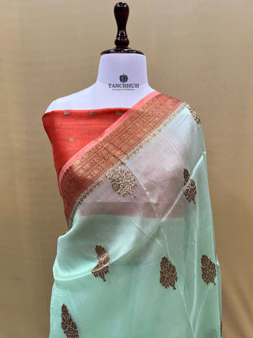 PURE BANARASI HANDWOVEN KADHUA ORGANZA SILK SAREE - pure organza antique (zari)saree