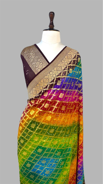 'SATRANGI' PURE KHADDI GEORGETTE HANDLOOM BANARASI BANDHANI SAREE