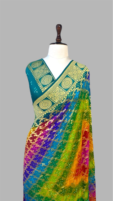 ‘RAINBOW' PURE KHADDI GEORGETTE HANDLOOM BANDHANI BANARASI SAREE