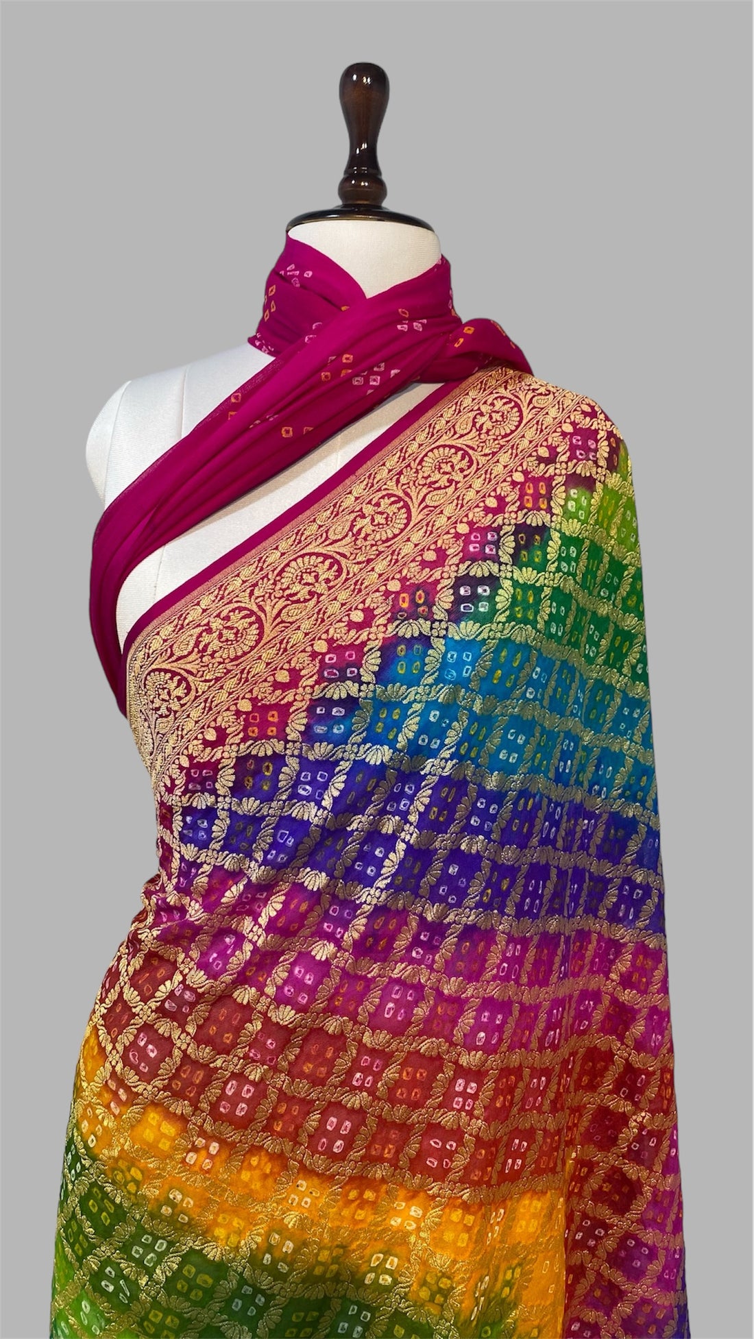 'RAINBOW' PURE KHADDI GEORGETTE HANDLOOM BANDHANI BANARASI SAREE