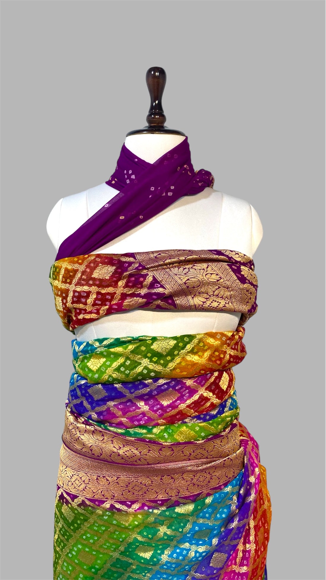 'RAINBOW' PURE KHADDI GEORGETTE HANDLOOM BANDHANI BANARASI SAREE