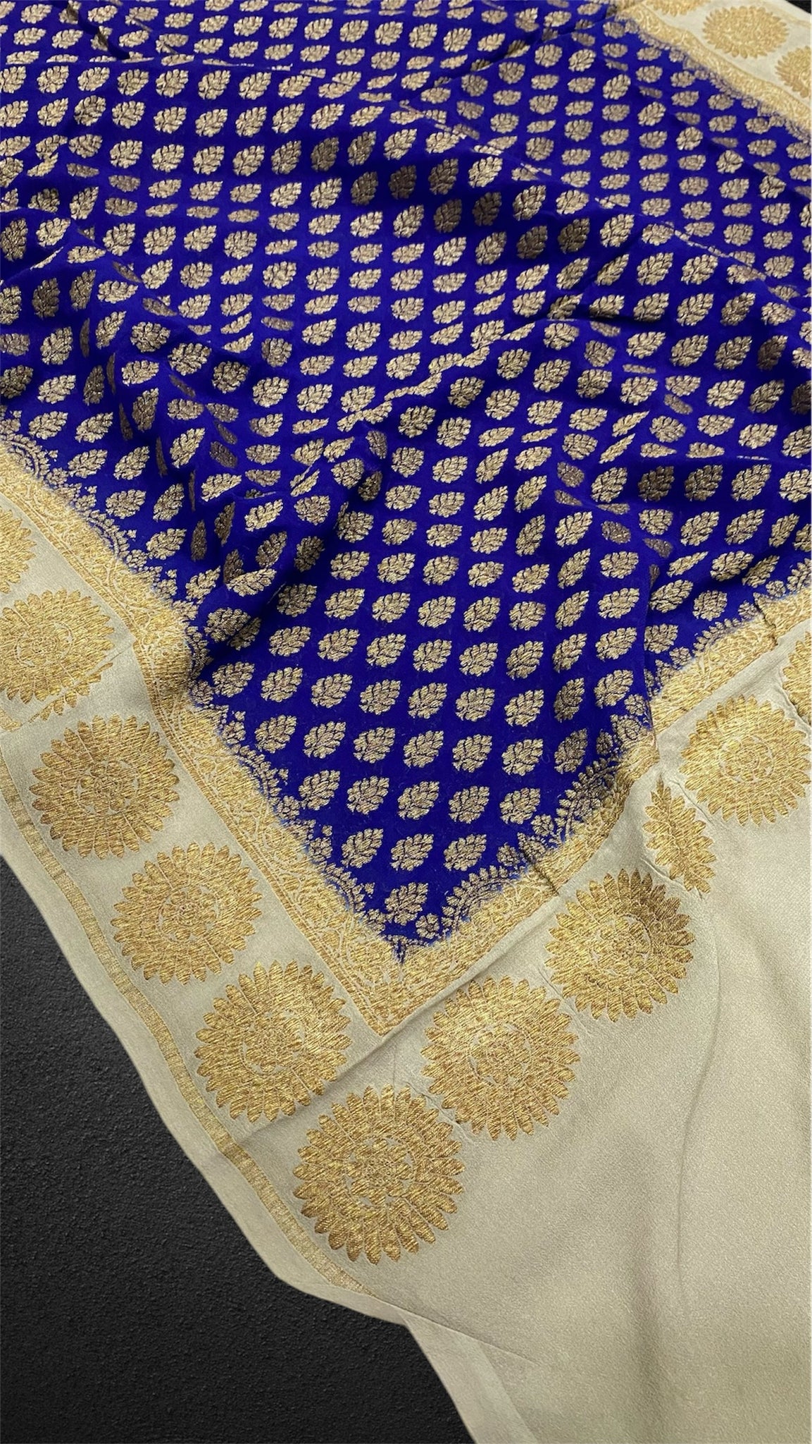 'BLUE AND BEIGE' PURE KHADDI GEORGETTE HANDLOOM BANARASI DUPATTA