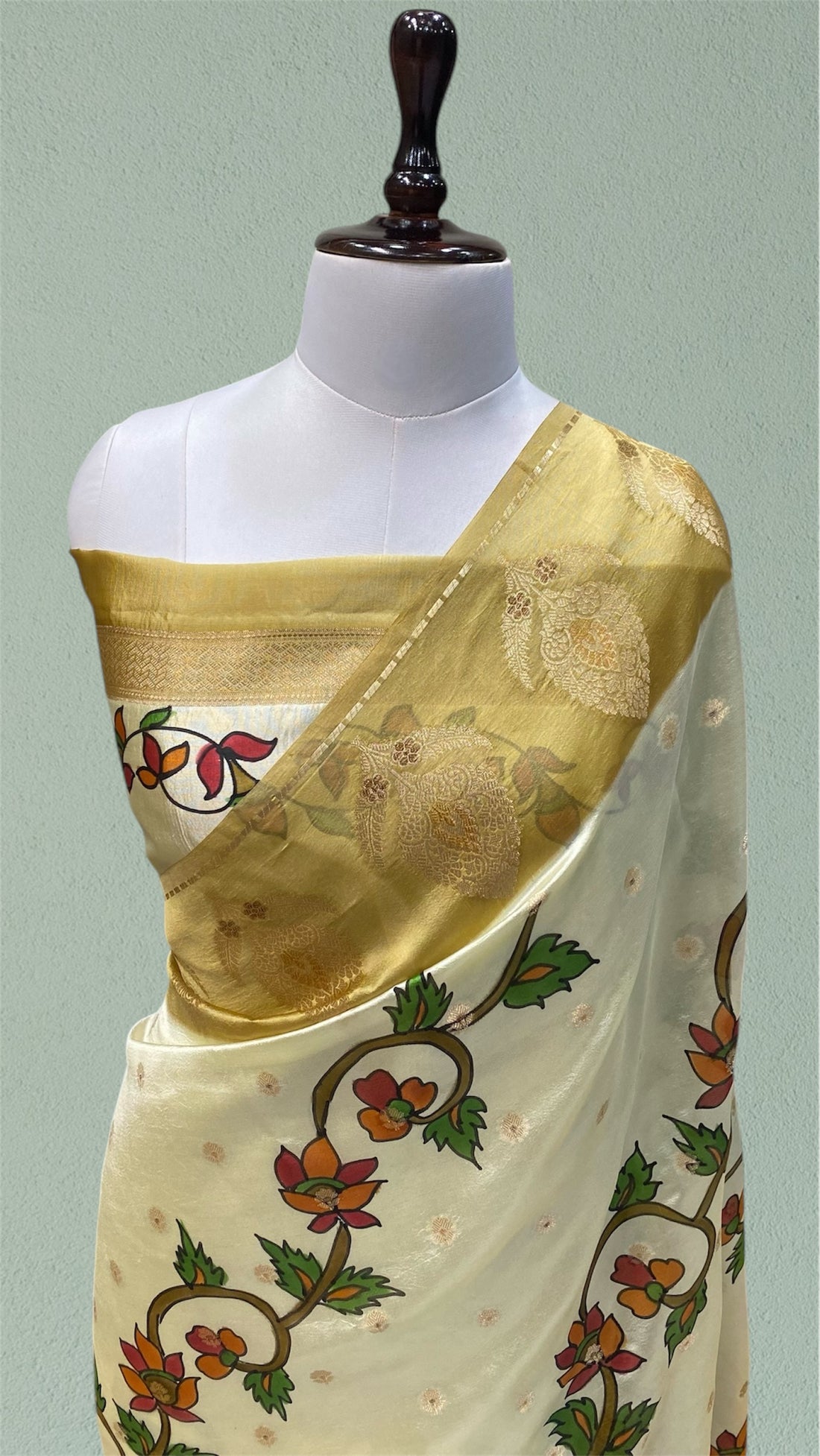 HAND PAINTED PURE MANGO SILK HANDLOOM BANARASI SAREE