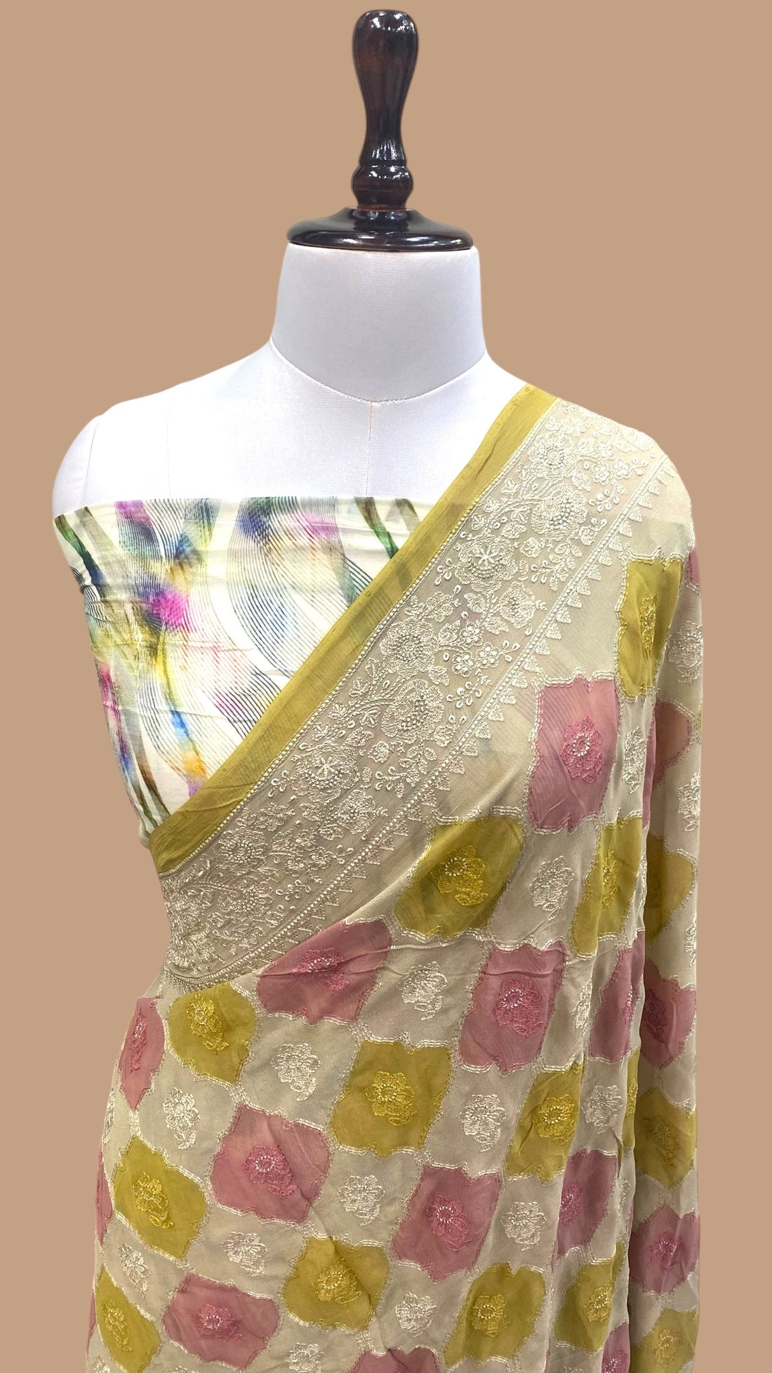 PURE VISCOSE GEORGETTE CHIKANKARI BANARASI SAREE