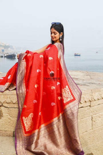 'VIRAYA RED' PURE TUSSAR SILK HANDWOVEN BANARASI SAREE