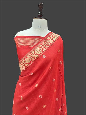 TOMATO RED PURE TUSSAR SILK BANARASI HANDWOVEN (KADHUA)SAREE