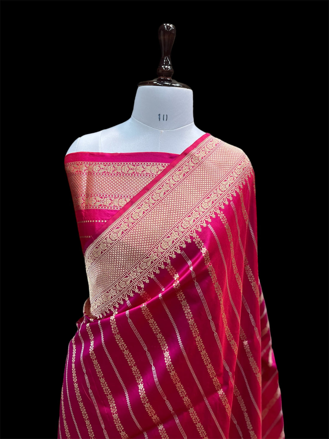 'HOT PINK' PURE KATAAN SILK HANDWOVEN STRIP BANARASI SAREE