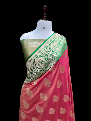 'STRAWBERRY GREEN' KATAAN SATIN SILK BANARASI SAREE