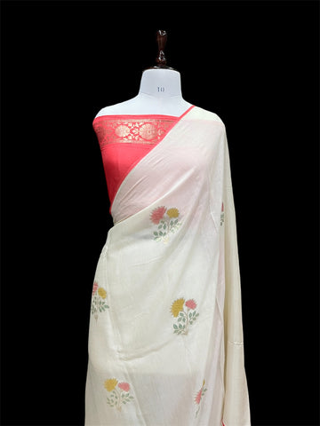 'OFF WHITE' PURE MOONGA TUSSAR SILK BANARASI SAREE