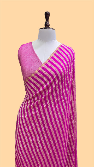 'HOT PINK' PURE MASHRU SILK HANDLOOM BANARASI STRIP SAREE